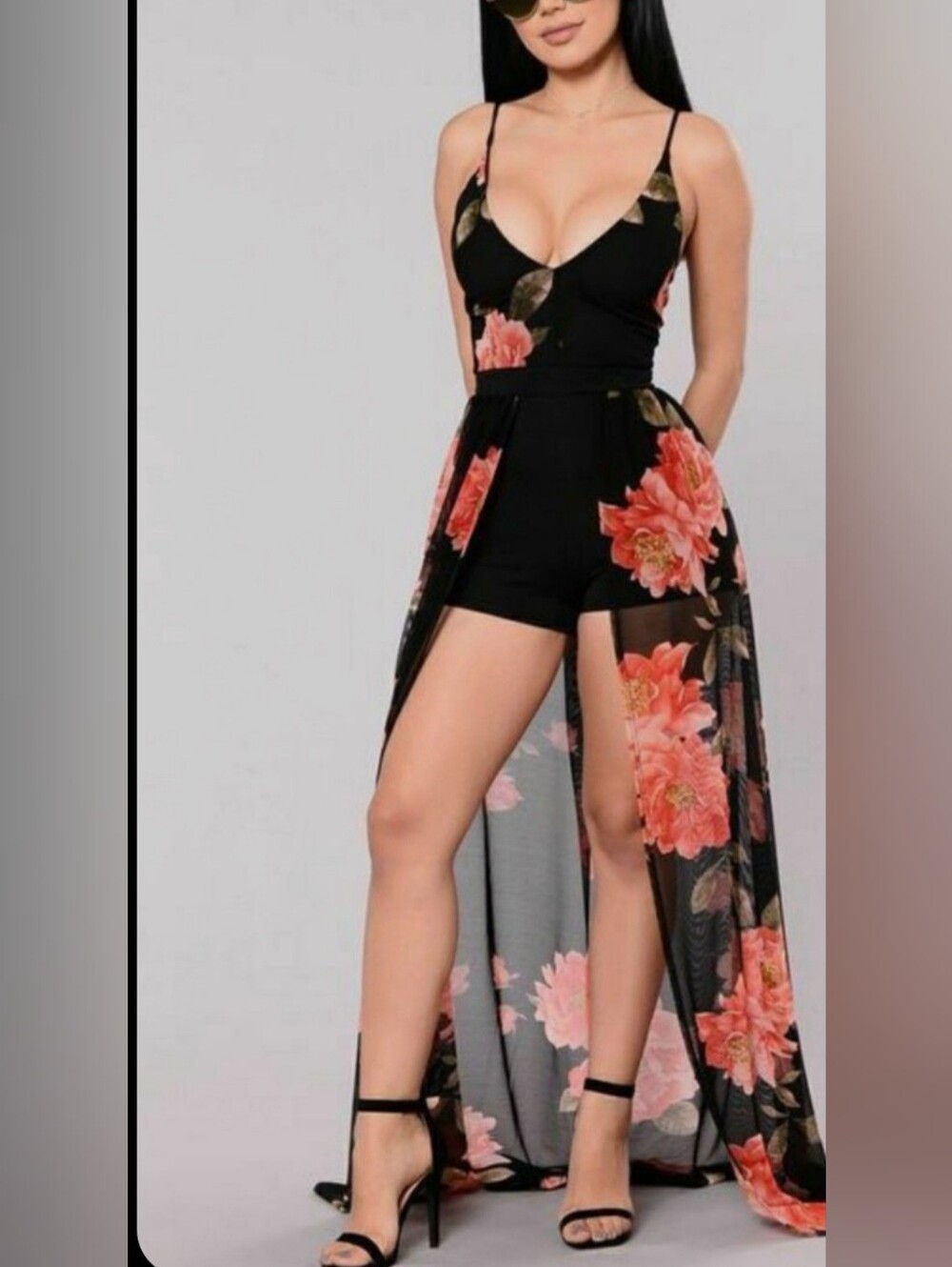 Black Floral High-Low Romper Dress with Pink Blooms